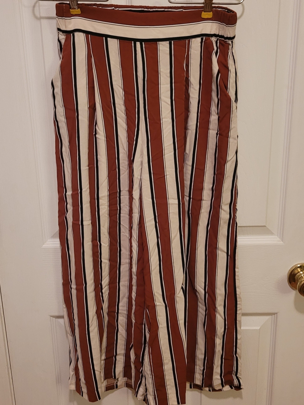 High-Waist Vertical Stripe Wide Leg Pants - Rust & Cream 6